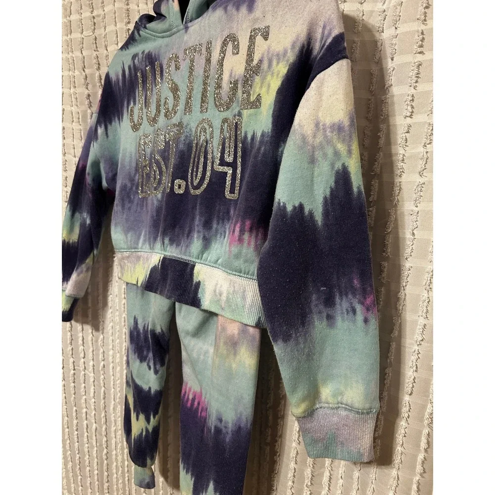 Justice Girls XS 5/6 Tie Dye Cropped Hoodie and Joggers Set Glitter Logo